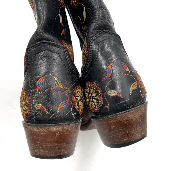 SOLD-Lucchese Western Boots Black Leather Floral Embroidered Block Heel Sz 7 - Picture 7 of 12